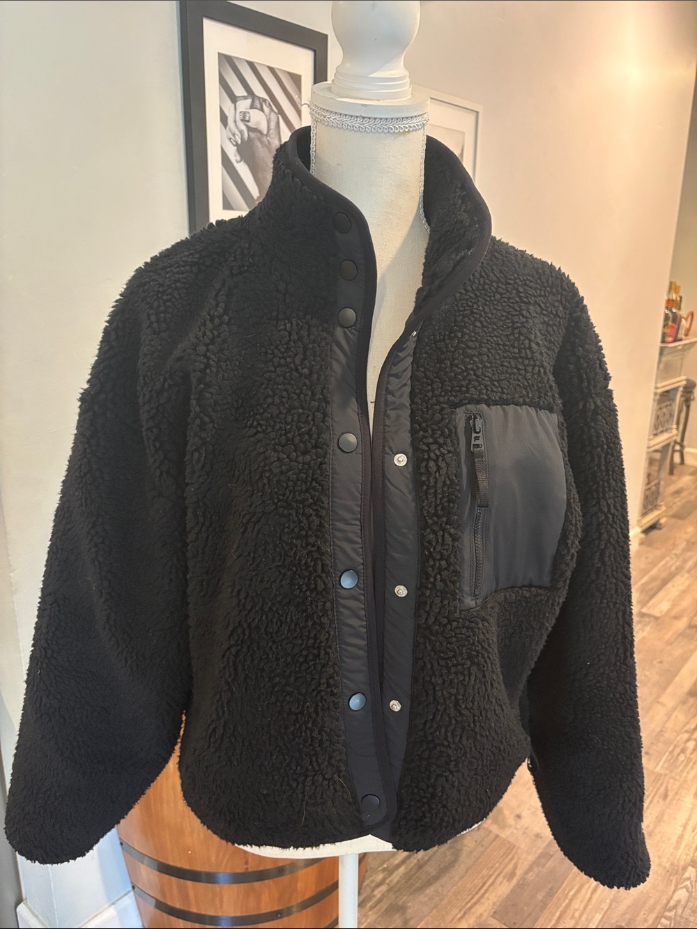 Fabletics Black Sherpa Teddy Jacket with Zip Chest Pocket Panel
